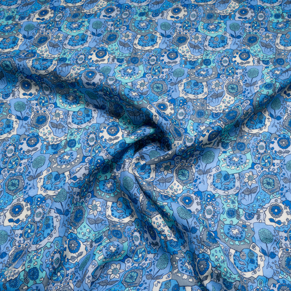 Blue Retro Floral Printed Pure Linen