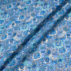 Blue Retro Floral Printed Pure Linen