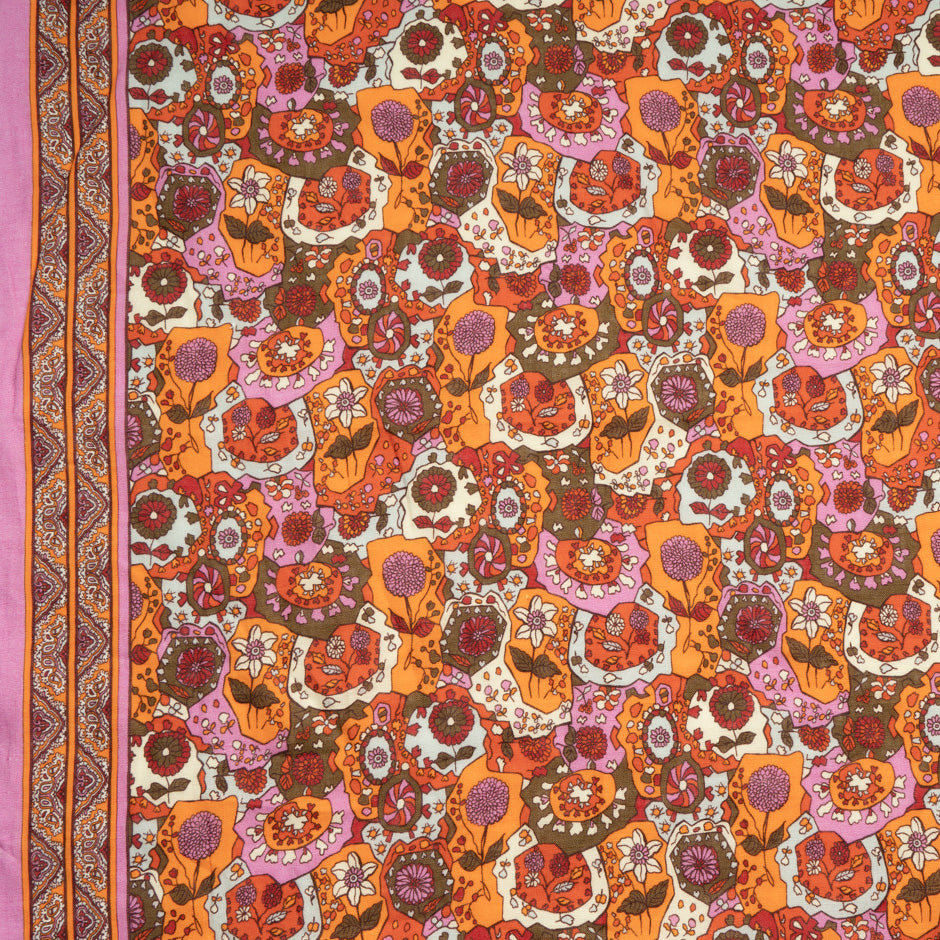 Orange & Pink Retro Floral Printed Pure Linen