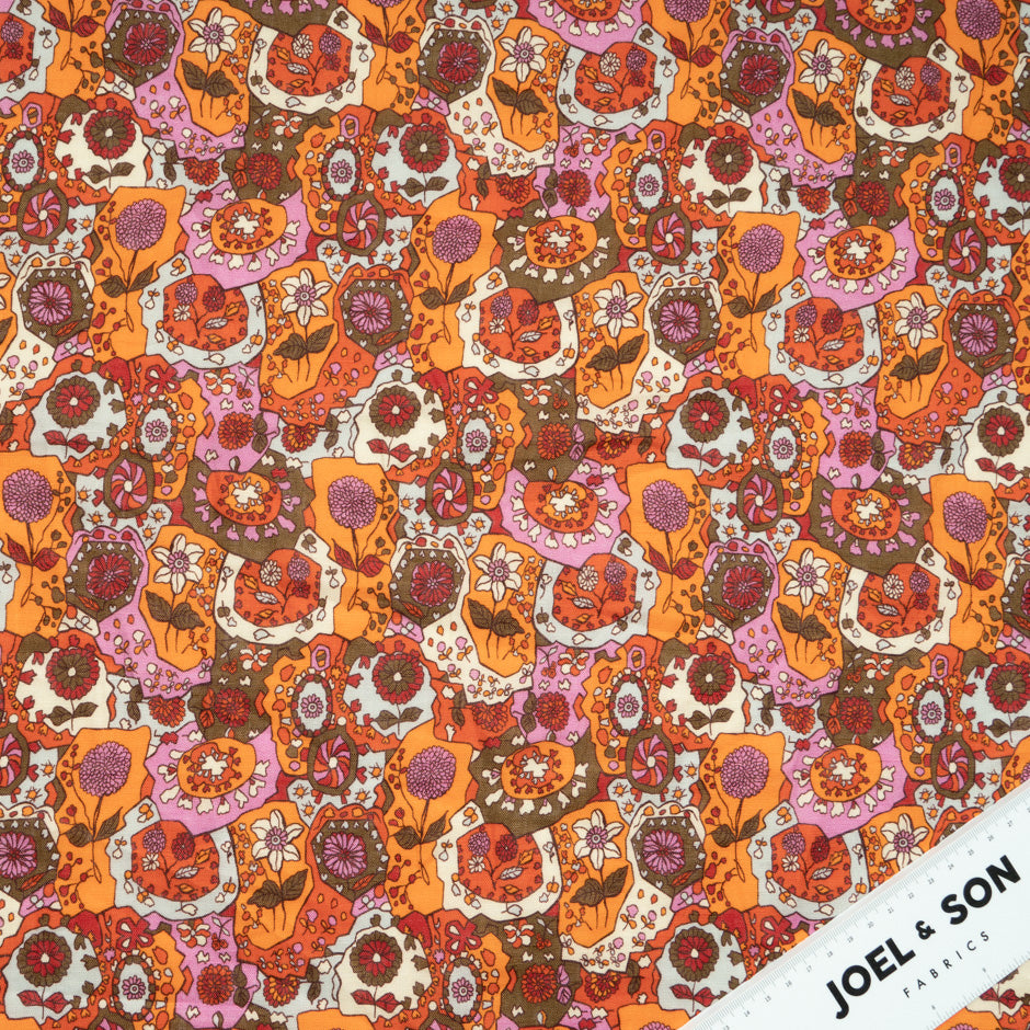 Orange & Pink Retro Floral Printed Pure Linen