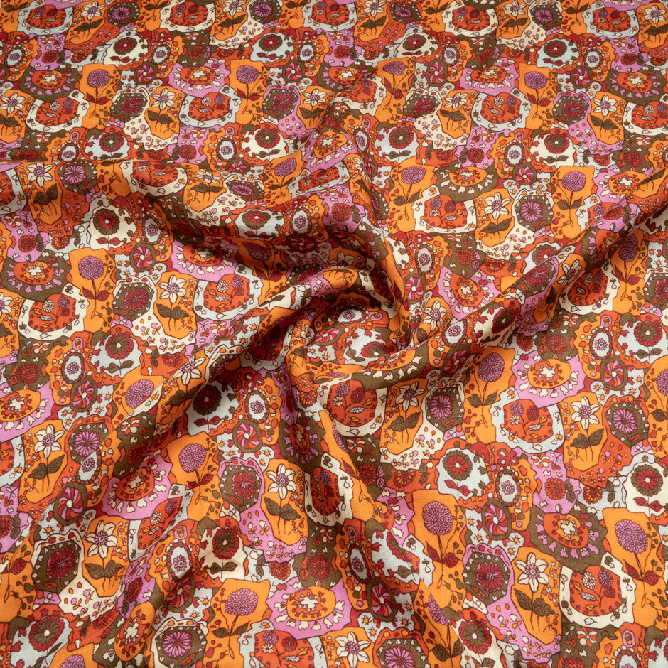 Orange & Pink Retro Floral Printed Pure Linen
