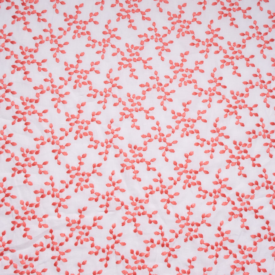 Coral Floral Embroidered White Linen