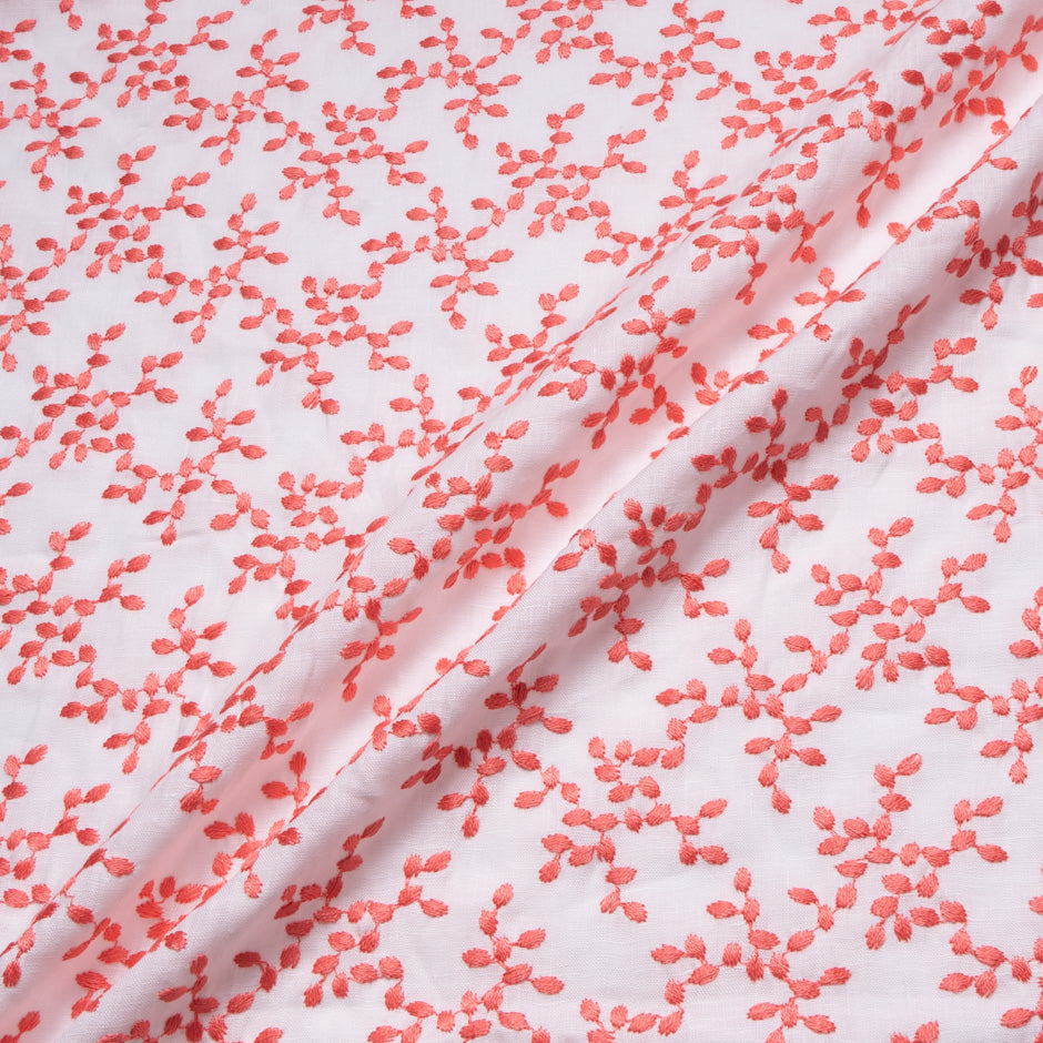 Coral Floral Embroidered White Linen