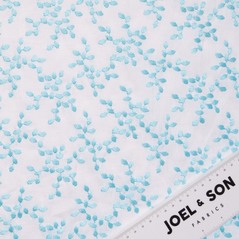 Blue Floral Embroidered White Linen