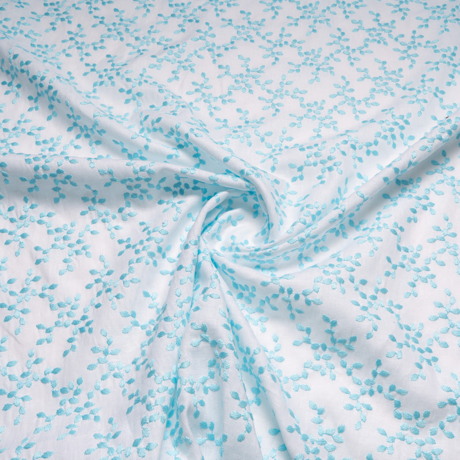 Blue Floral Embroidered White Linen