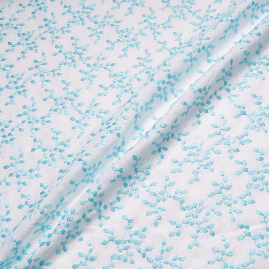 Blue Floral Embroidered White Linen