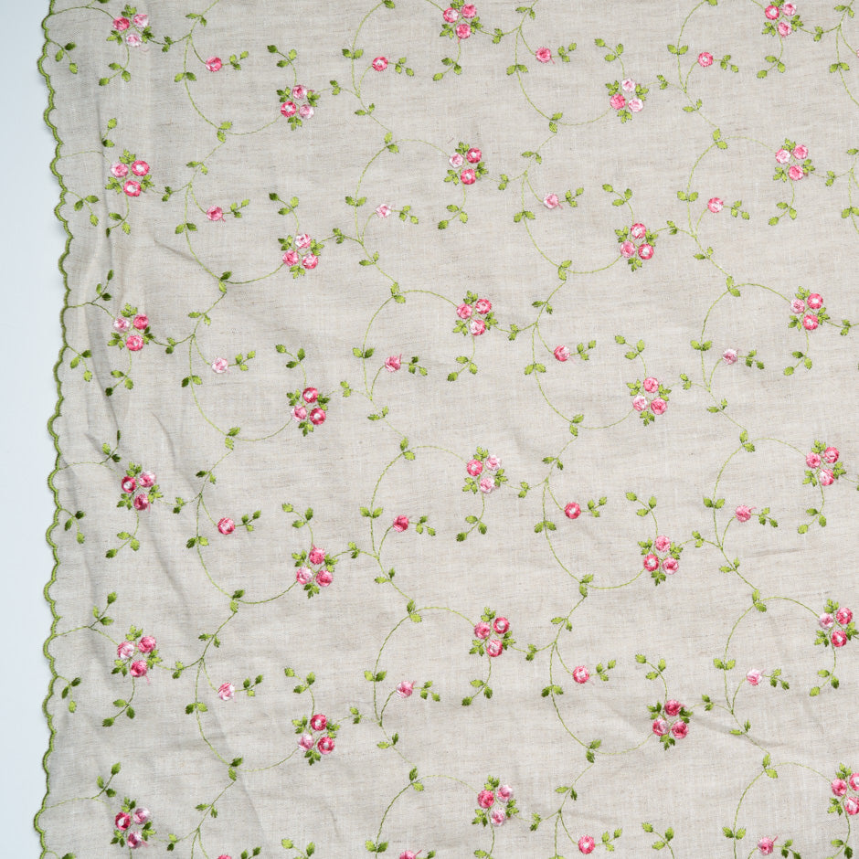 Petite Pink Floral Embroidered Oatmeal Linen