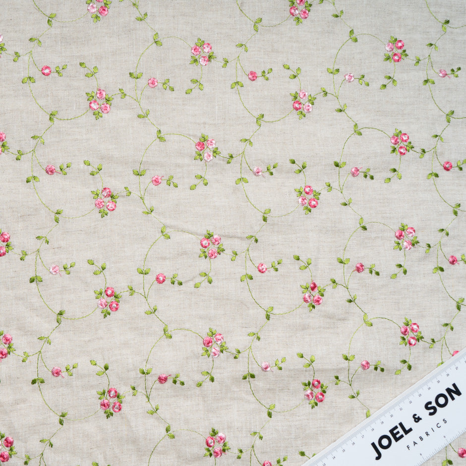 Petite Pink Floral Embroidered Oatmeal Linen