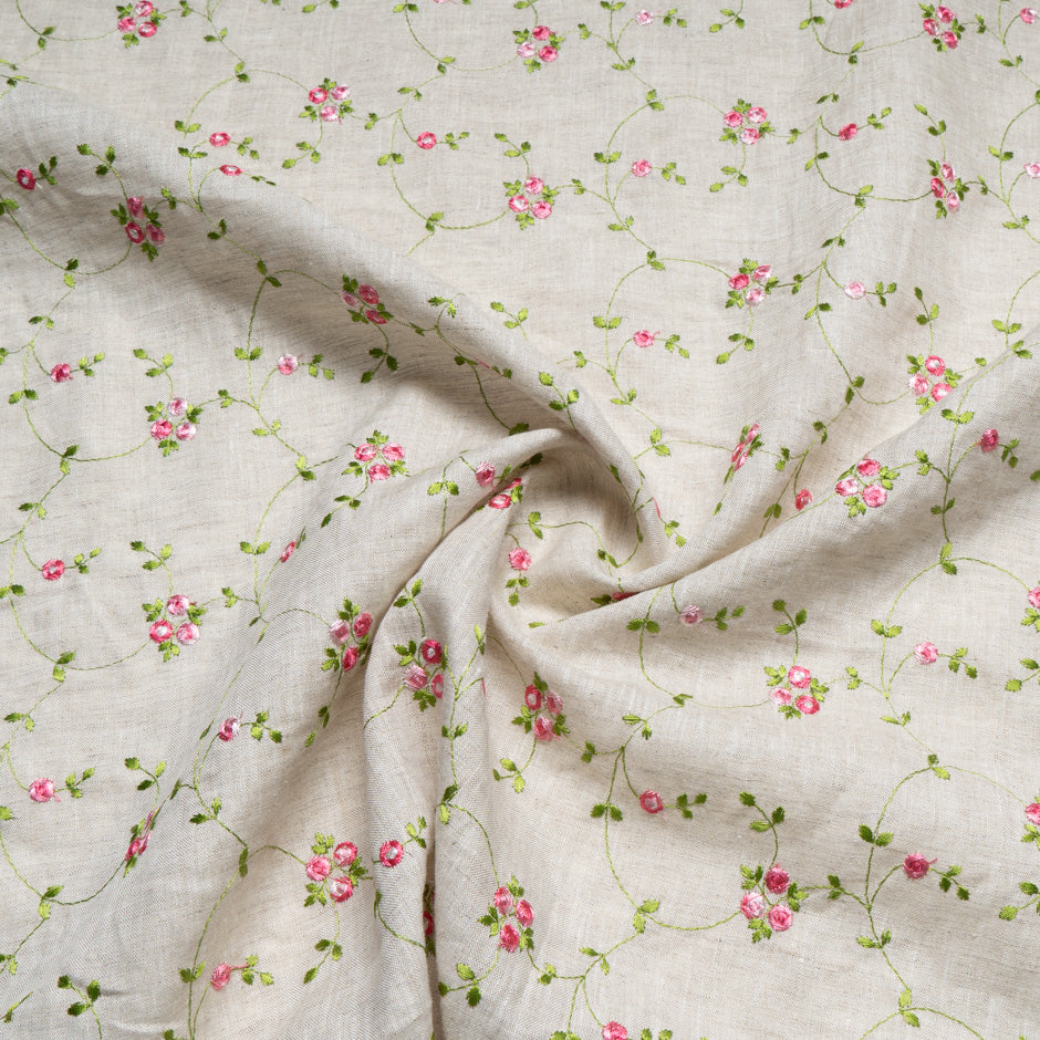 Petite Pink Floral Embroidered Oatmeal Linen