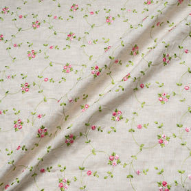 Petite Pink Floral Embroidered Oatmeal Linen