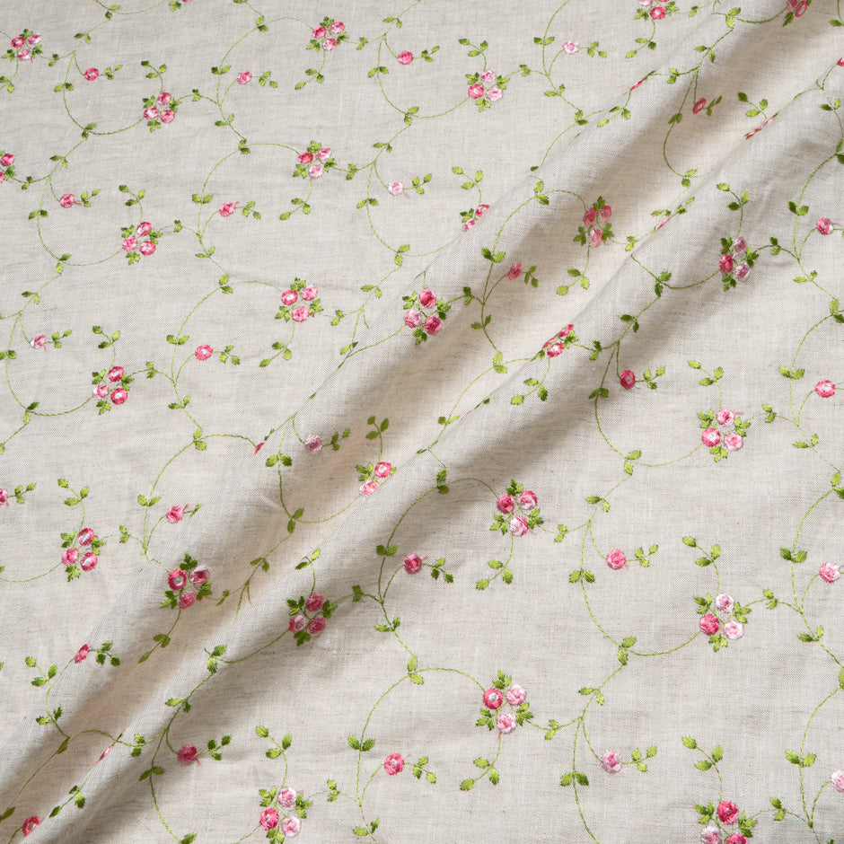 Petite Pink Floral Embroidered Oatmeal Linen