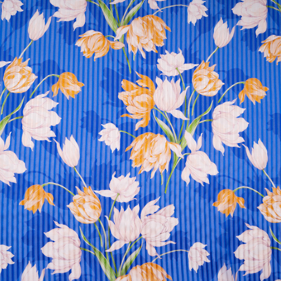 Floral Printed Pure Silk Blue Striped Chiffon
