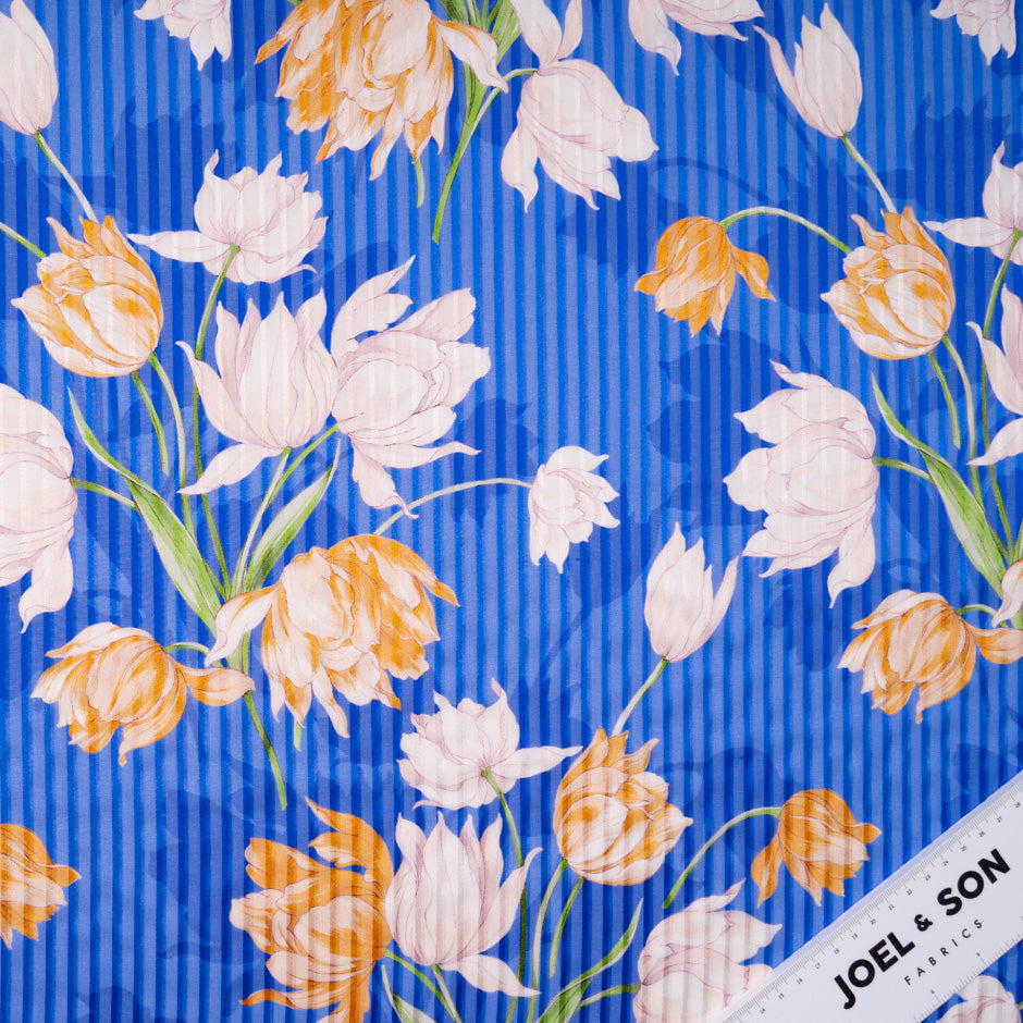 Floral Printed Pure Silk Blue Striped Chiffon