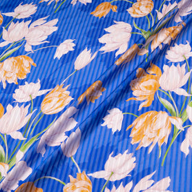 Floral Printed Pure Silk Blue Striped Chiffon