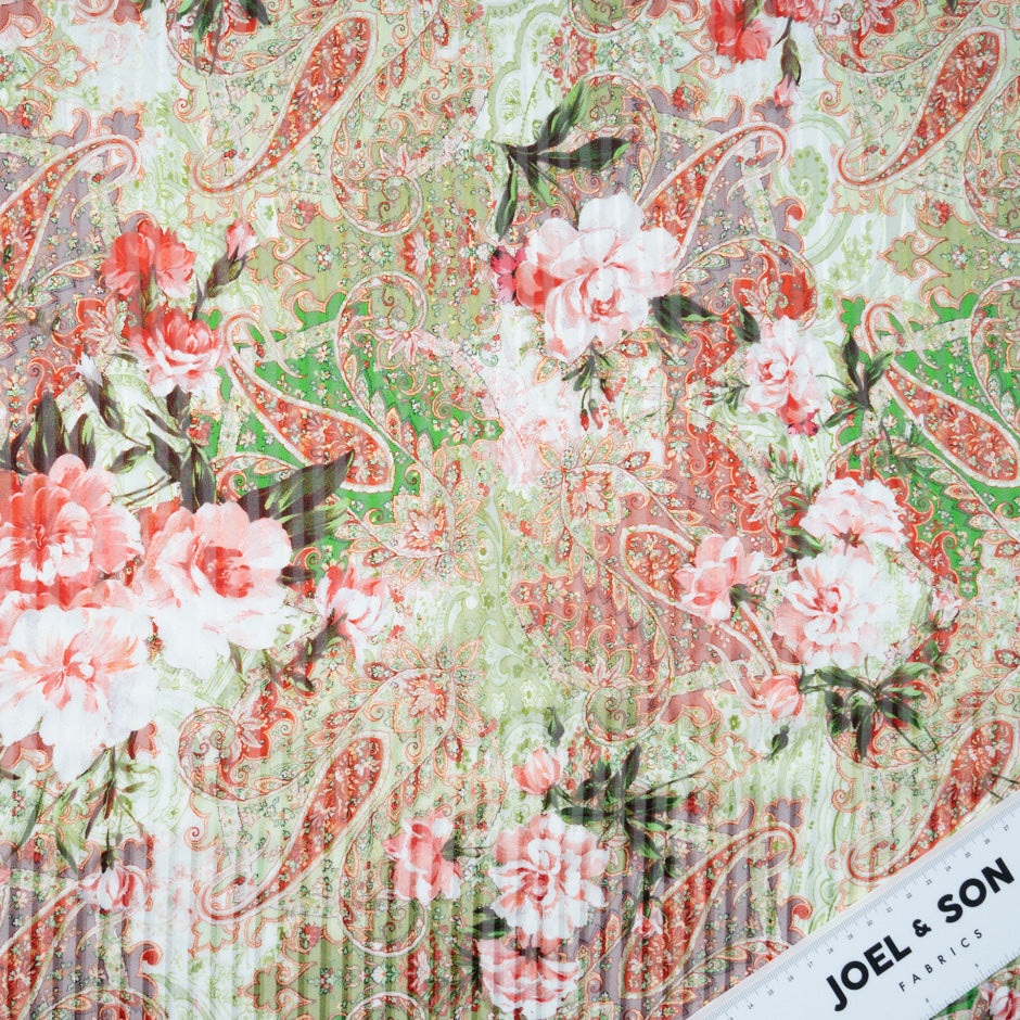 Red & Green Paisley Pure Silk Striped Chiffon
