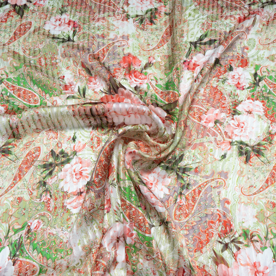 Red & Green Paisley Pure Silk Striped Chiffon