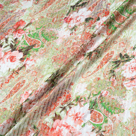 Red & Green Paisley Pure Silk Striped Chiffon