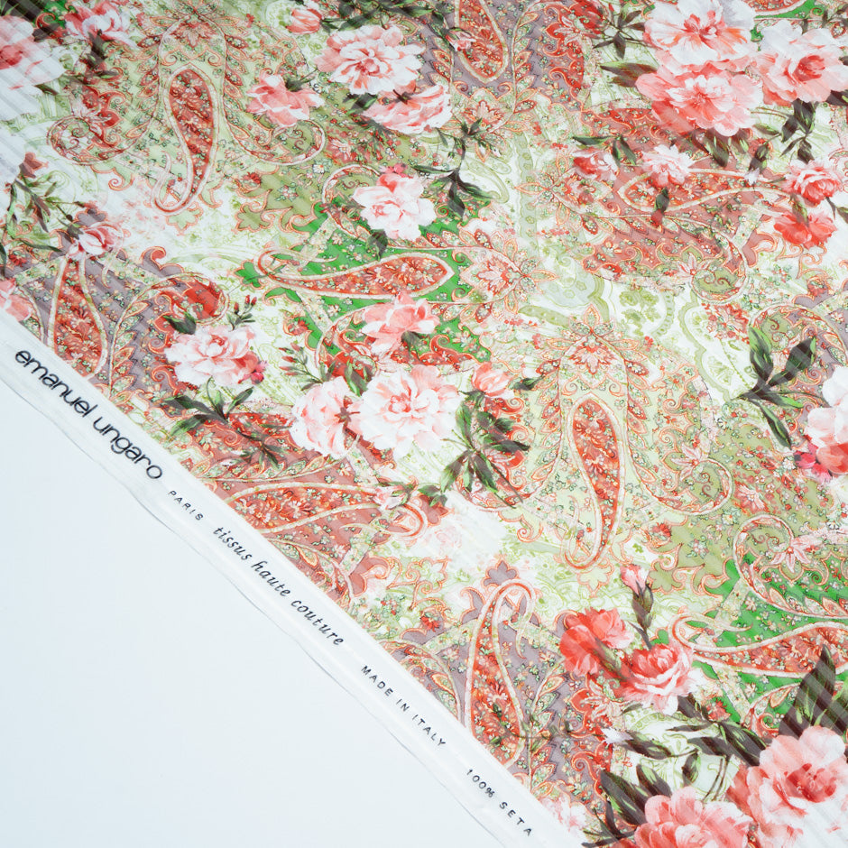 Red & Green Paisley Pure Silk Striped Chiffon