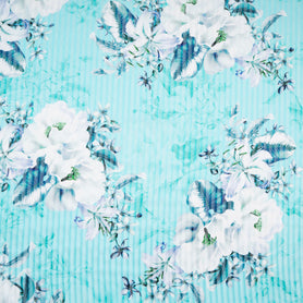 Floral Printed Turquoise Pure Silk Striped Chiffon