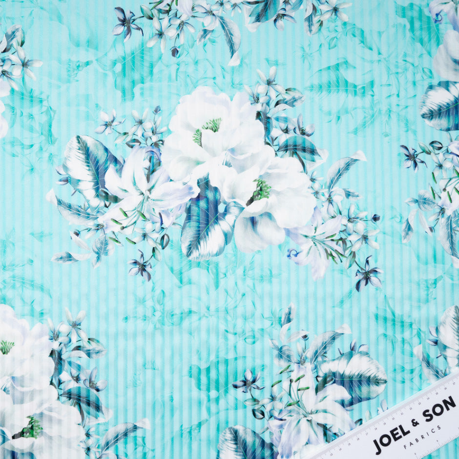 Floral Printed Turquoise Pure Silk Striped Chiffon