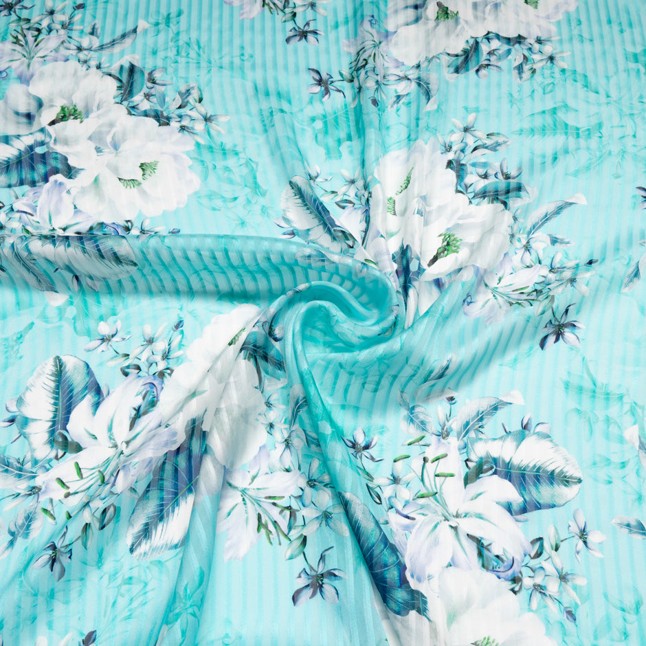 Floral Printed Turquoise Pure Silk Striped Chiffon