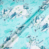 Floral Printed Turquoise Pure Silk Striped Chiffon