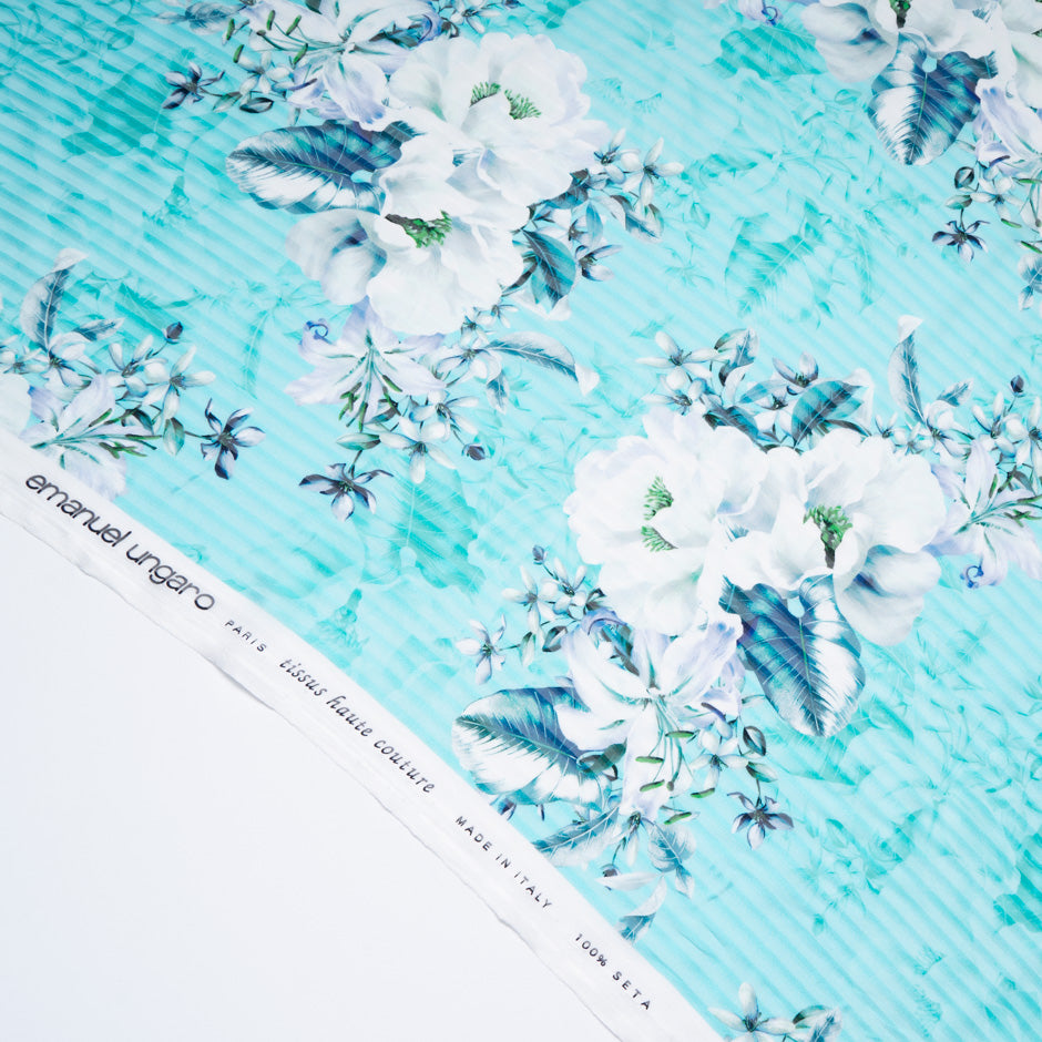 Floral Printed Turquoise Pure Silk Striped Chiffon