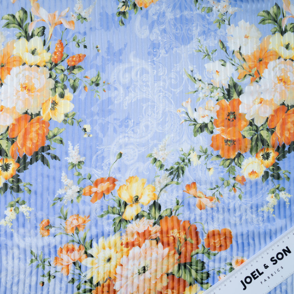Floral Printed Pure Silk Sky Blue Striped Chiffon