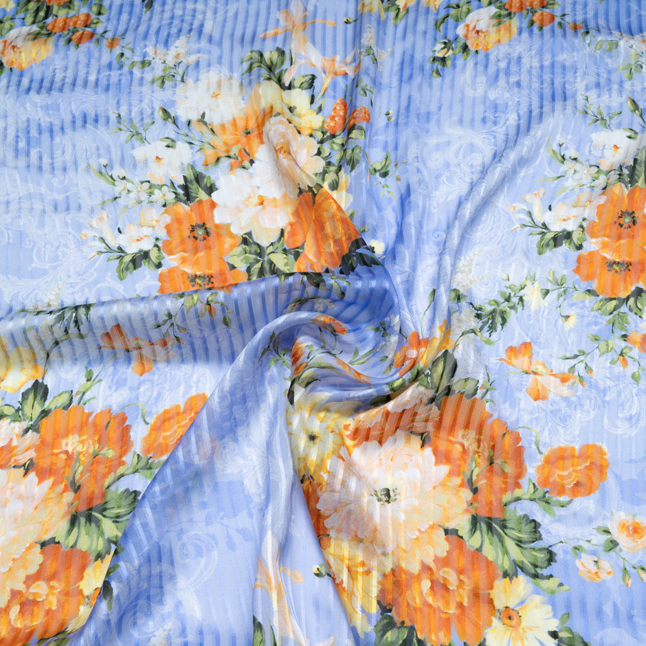 Floral Printed Pure Silk Sky Blue Striped Chiffon