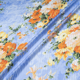 Floral Printed Pure Silk Sky Blue Striped Chiffon