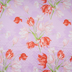 Red Floral Printed Pure Silk Pink Striped Chiffon
