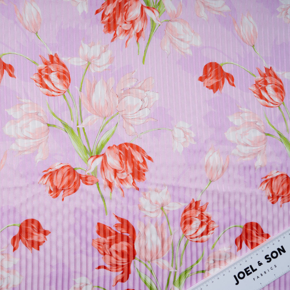 Red Floral Printed Pure Silk Pink Striped Chiffon