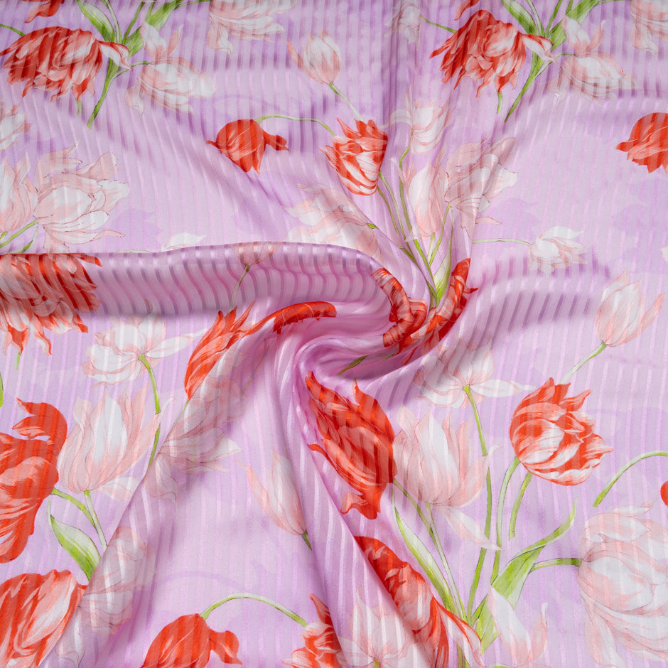Red Floral Printed Pure Silk Pink Striped Chiffon