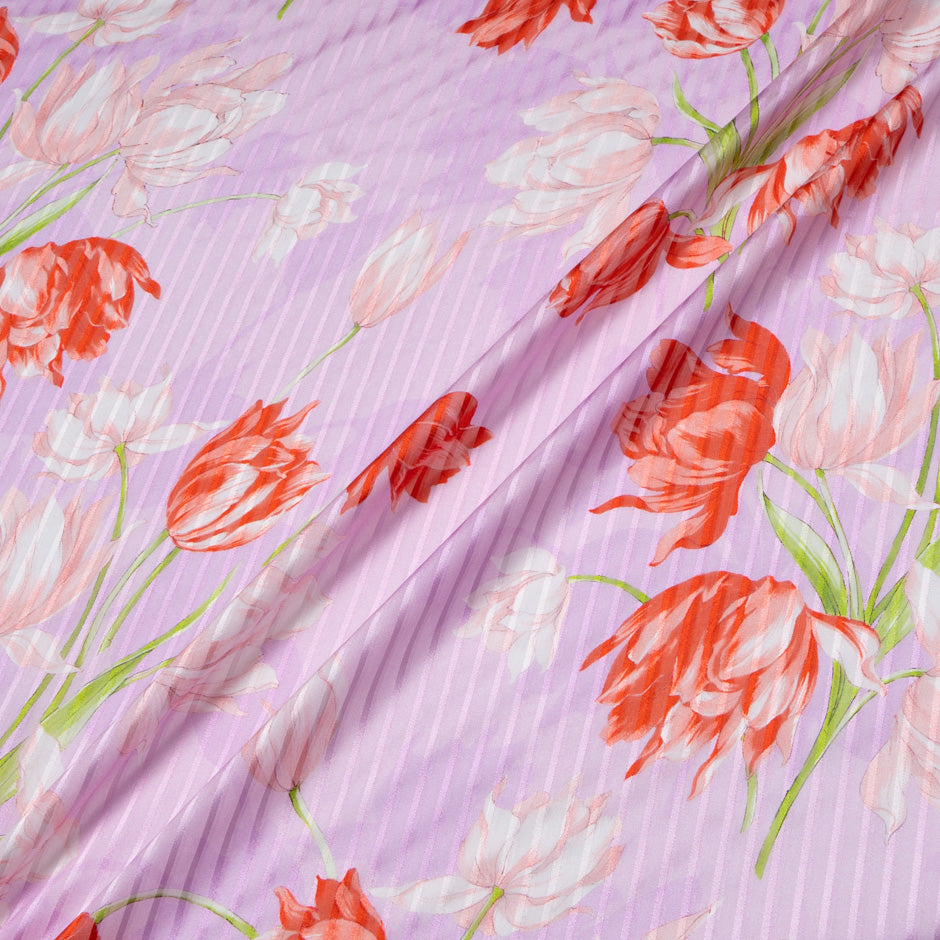 Red Floral Printed Pure Silk Pink Striped Chiffon