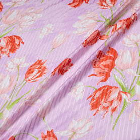 Red Floral Printed Pure Silk Pink Striped Chiffon