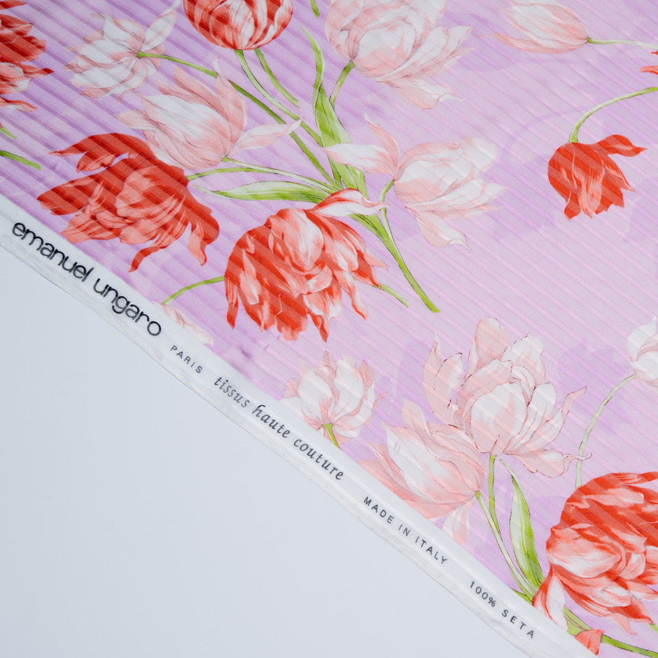 Red Floral Printed Pure Silk Pink Striped Chiffon