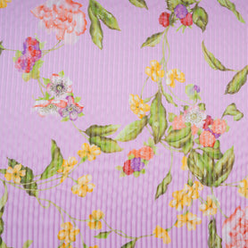 Multi-Coloured Floral Pure Silk Pink Striped Chiffon