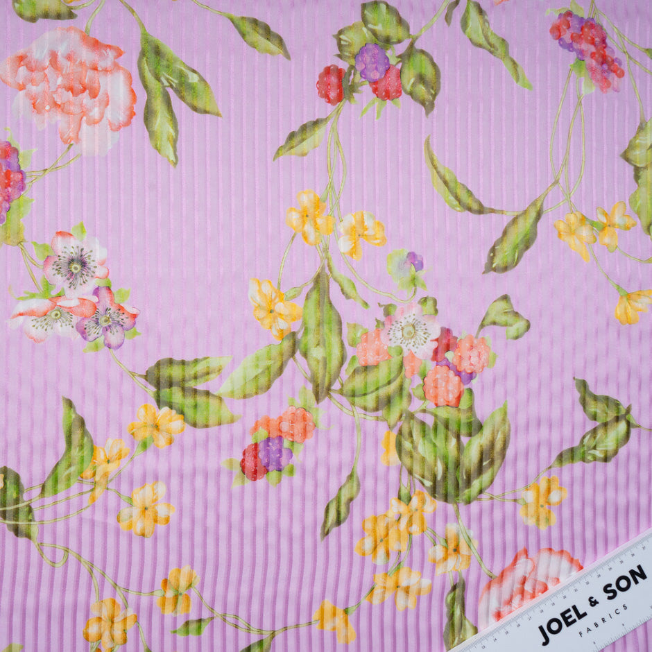 Multi-Coloured Floral Pure Silk Pink Striped Chiffon
