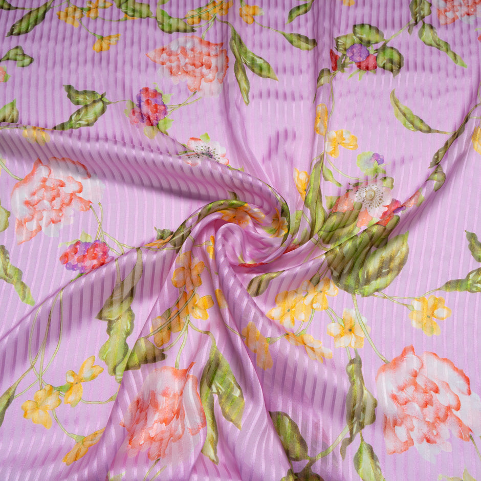 Multi-Coloured Floral Pure Silk Pink Striped Chiffon