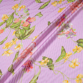 Multi-Coloured Floral Pure Silk Pink Striped Chiffon