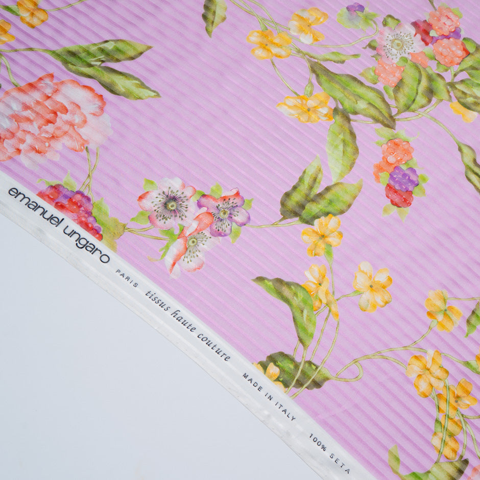 Multi-Coloured Floral Pure Silk Pink Striped Chiffon