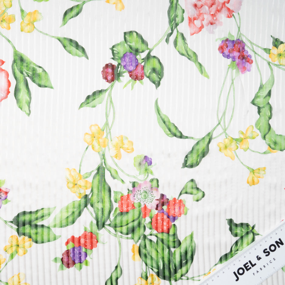 Multi-Coloured Floral Pure Silk Ivory Striped Chiffon
