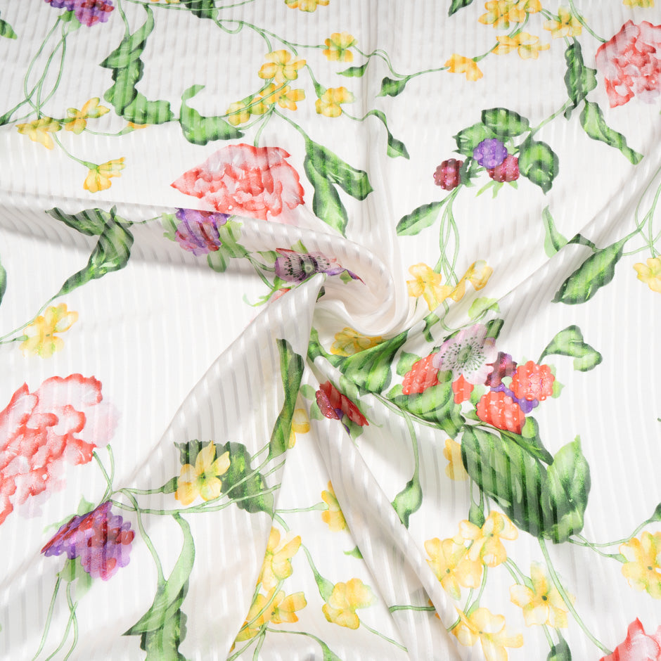 Multi-Coloured Floral Pure Silk Ivory Striped Chiffon