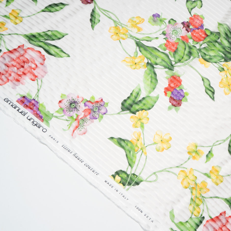 Multi-Coloured Floral Pure Silk Ivory Striped Chiffon