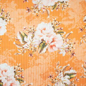 Orange Floral Printed Pure Silk Striped Chiffon