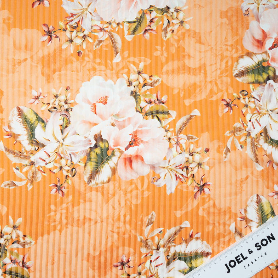 Orange Floral Printed Pure Silk Striped Chiffon