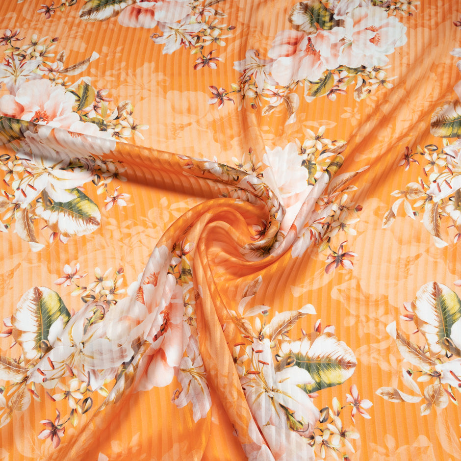 Orange Floral Printed Pure Silk Striped Chiffon