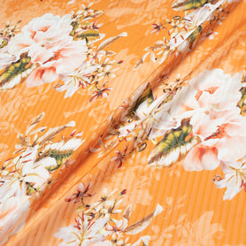 Orange Floral Printed Pure Silk Striped Chiffon