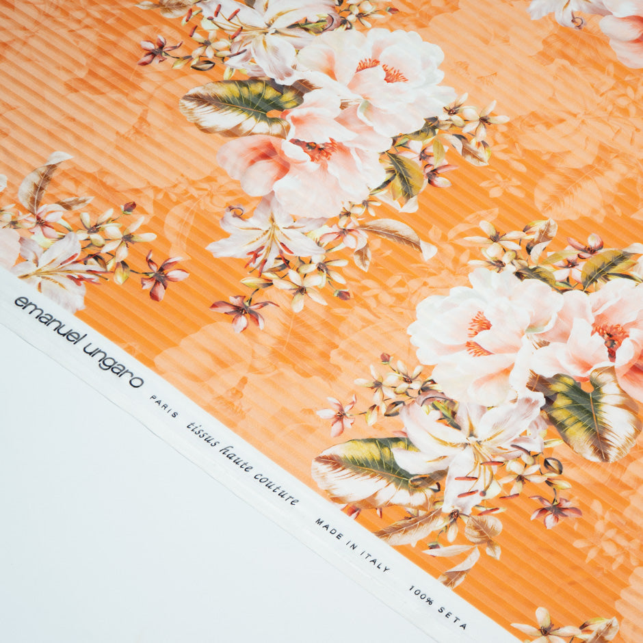 Orange Floral Printed Pure Silk Striped Chiffon