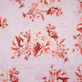 Red Floral Printed Pink Pure Silk Striped Chiffon